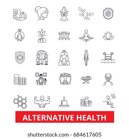 Alternative health, healing, medicine, acupuncture, therapy, herbal homeopathy line icons. Editable strokes 