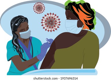 Alternative healthcare illustration of a nurse with mask and gloves administering covid-19, corona virus vaccine to a woman with ethnic background. Stock illustration, ESP 10.