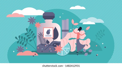 Alternative herbs medicine vector illustration. Flat tiny beauty healing persons concept. Natural product medication for illness and disease treatment. Bio plant ingredient power faith and belief.