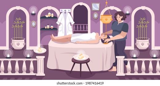 Alternative holistic medicine oil massage treatment performed by ayurvedic practitioner flat composition spa studio background vector illustration 