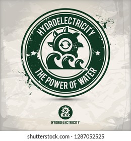 alternative hydroelectricity stamp containing: two environmentally sound eco motifs in circle frames, grunge ink rubber stamp effect, textured paper background, eps10 vector illustration