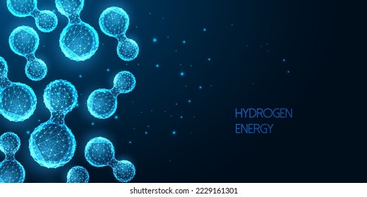 Alternative hydrogen energy futuristic concept with glowing low polygonal hydrogen molecules and place for text on dark blue background. Modern abstract wire frame mesh design vector illustration.