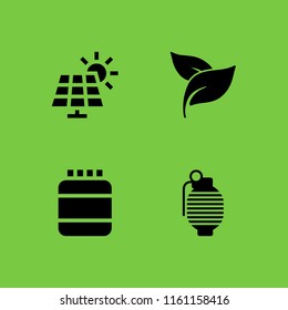 alternative icon. 4 alternative set with bomb, herbal spa treatment leaves, supplement and solar panel vector icons for web and mobile app