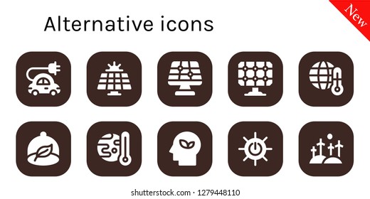  alternative icon set. 10 filled alternative icons. Simple modern icons about  - Electric car, Solar panel, Global warming, Ecologism, Eco, Solar energy, Windmill