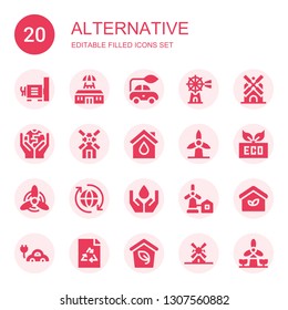 alternative icon set. Collection of 20 filled alternative icons included Dynamo, Tesla, Electric car, Windmill, Ecology, Wind mill, Eco house, Eco, Eolical, Ecologism
