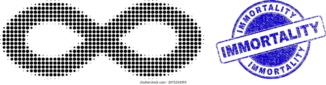 Icono de punto medio con puntería de inmortalidad. Sello de textura redondo vector azul con título de inmortalidad dentro de forma redonda.