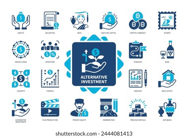 Alternative Investment-Icon-Set. Hedgefonds, Rohstoffe, Antiquitäten, Assets, Risikokapital, Private Equity, Analyse, Kunst. Zweifarbige Volltonsymbole