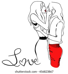 Alternative love. Sketch beautiful girls who kiss. Vector illustration