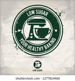 alternative low sugar stamp containing: two environmentally sound eco motifs in circle frames, grunge ink rubber stamp effect, textured paper background, eps10 vector illustration