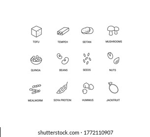 Alternative meat, meat analogues simple thin line icon set vector illustration. Tofu, seitan, tempeh, tempeh, mushrooms, quinoa, beans, seeds, nuts, mealworm, jackfruit, hummus.