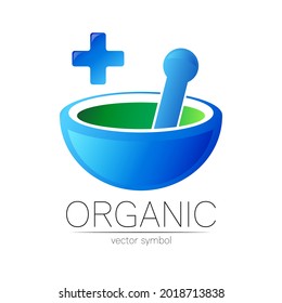 Alternative medical logo with mortar, pestle and blue cross. Natural therapy sign for identity, concept, business, doctor, clinic and store. Icon illustration in modern design. Herbal logotype