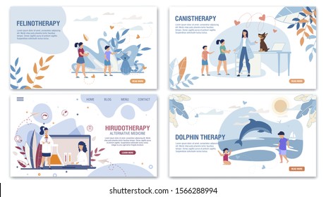 Alternative Medical Treatment Methods Landing Page Flat Set. Felinotherapy, Canistherapy, Hirudotherapy, Dolphin Therapy. Telemedicine. Psychological Recovery. Vector Cartoon Illustration