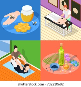 Alternative medicine 2x2 isometric design concept set of yoga apitherapy massage aromatherapy square compositions vector illustration  