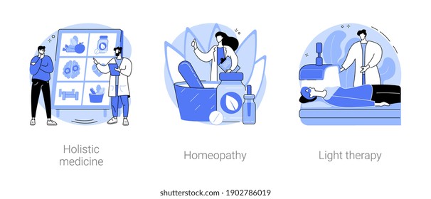 Conjunto de ilustraciones vectoriales de concepto abstracto de medicina alternativa. Medicina holística, homeopatía, terapia de la luz, depresión estacional, salud mental, práctica de la salud, metáfora abstracta de fármacos naturales.