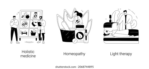 Conjunto de ilustraciones vectoriales de concepto abstracto de medicina alternativa. Medicina holística, homeopatía, terapia de la luz, depresión estacional, salud mental, práctica de la salud, metáfora abstracta de fármacos naturales.