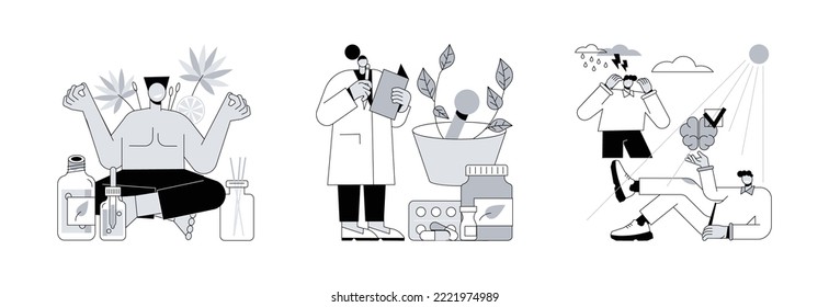Alternative medicine abstract concept vector illustration set. Holistic medicine, homeopathy, light therapy, seasonal depression, mental health, health practice, natural drug abstract metaphor.