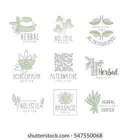Alternative Medicine Center With Oriental Herbal Treatment And Holistic Massage Procedures Collection Of Label Templates