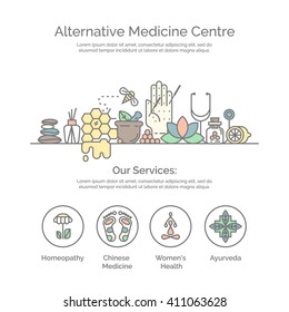 Alternative Medicine centre vector concept. Holistic center, naturopathic medicine, homeopathy, acupuncture, ayurveda, chinese medicine, womans health. For web site, print design, business card.