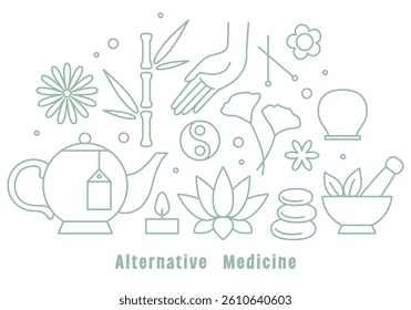 Alternative medicine. Chinese medicine. Wellness, yoga, zen concept. Flat style. Holistic center, naturopathic, homeopathy, acupuncture, ayurveda, chinese medicine, womans health