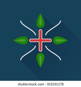 Alternative medicine color icon with cross and leaves .Concept of eco medicines, bio supplements, homeopathy with long shadow effect. Isolated on dark navy background. Flat modern vector illustration