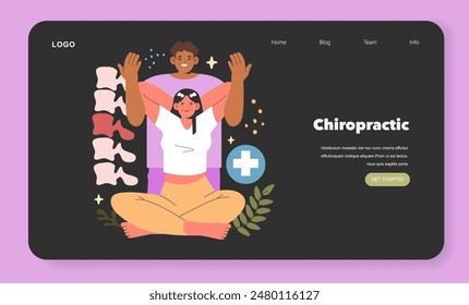 Alternative Medicine concept. A chiropractic session featuring spine healing hands-on therapy with patient and practitioner. Holistic health practice. Vector illustration.