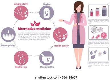 Alternative medicine concept design with elements of homeopathy, acupuncture, health care, doctor, vector illustration.