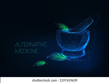 Alternative medicine concept with glowing mortar and green leaves made of stars, lines, points, triangles. Futuristic background on dark blue. Low polygonal wireframe design vector illustration.