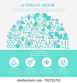 Alternative medicine concept in half circle with thin line icons. Vector illustration of banner, print media or web site for yoga, acupuncture, wellness, ayurveda, chinese medicine, holistic center. 