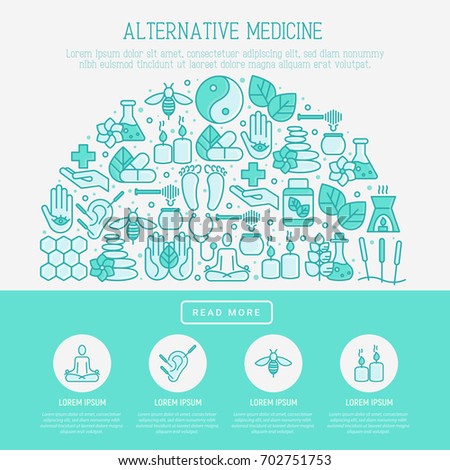 Alternative medicine concept in half circle with thin line icons. Vector illustration of banner, print media or web site for yoga, acupuncture, wellness, ayurveda, chinese medicine, holistic center. 
