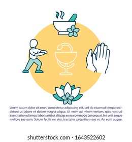 Icono de concepto de medicina alternativa con texto. Prácticas complementarias. Yoga, relajación. Plantilla vectorial de página PPT. Folleto, revista, elemento de diseño del folleto con ilustraciones lineales
