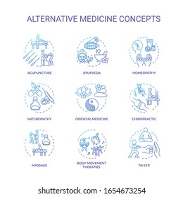 Alternative medicine concept icons set. Complementary, holistic therapies idea thin line RGB color illustrations. Physical and spiritual healing techniques. Vector isolated outline drawings