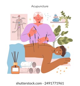 Alternative medicine concept. Illustration of acupuncture therapy with practitioner inserting needles into patient. Holistic health treatment. Vector illustration.