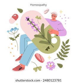 Alternative Medicine concept. Illustration with person surrounded by plants representing homeopathy. Healing herbs and natural remedies. Vector illustration.