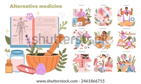 Alternative Medicine concept. Illustration presenting diverse holistic therapies like acupuncture, herbalism, and yoga. Integrative health approaches with natural elements. Vector illustration.