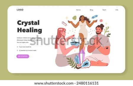 Alternative Medicine concept. People practicing crystal healing with colorful gemstones. Holistic therapy, energy balance and wellness. Vector illustration.