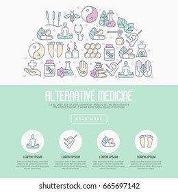 Alternative medicine concept with thin line icons. Elements for app or web site for yoga, acupuncture, wellness, ayurveda, chinese medicine, holistic center. Vector illustration.