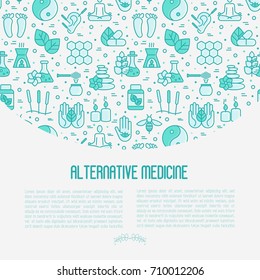 Alternative medicine concept with thin line icons. Vector illustration of banner, print media or web site for yoga, acupuncture, wellness, ayurveda, chinese medicine, holistic center. 