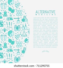 Alternative medicine concept with thin line icons. Vector illustration of banner, print media or web site for yoga, acupuncture, wellness, ayurveda, chinese medicine, holistic center. 