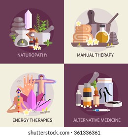 Alternative medicine design concept set with elements of naturopathy manual and energy therapies vector illustration