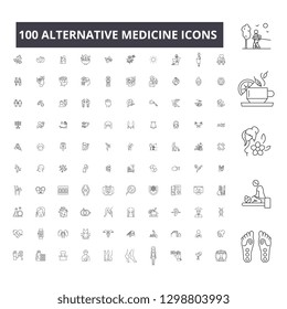 Alternative medicine editable line icons, 100 vector set, collection. Alternative medicine black outline illustrations, signs, symbols