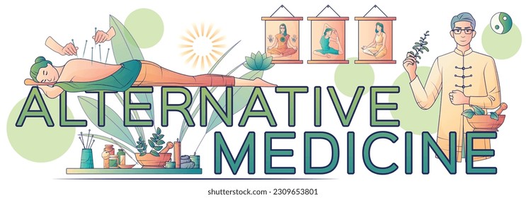 Medicina alternativa Composición de línea plana con texto y yoga plantea iconos de acupuntura con agujas y hierbas ilustración vectorial