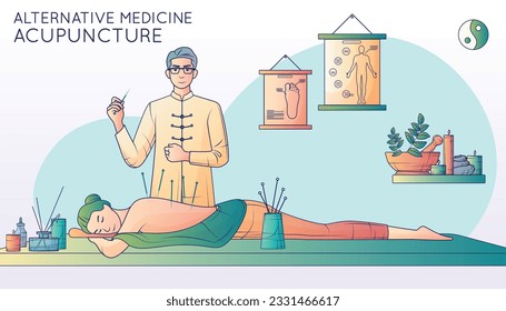 Alternative medicine flat line composition with text and view of patient and healing specialist inserting needles vector illustration