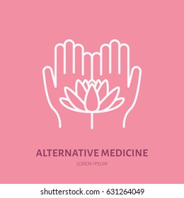 Alternative medicine flat line icon, logo. Vector illustration of lotos flower in hands for traditional treatment, ayurveda, massage or yoga center.
