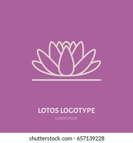 Alternative medicine flat line icon, logo. Vector illustration of lotos flower for traditional treatment, ayurveda, massage or yoga center.