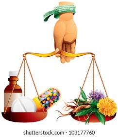 Alternative Medicine. A hand holding weighing scales with synthetic medicine balancing against herbal medicine.
