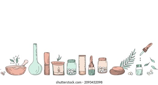 Alternative medicine and homeopathy concept. Vector banner on the use of medicinal herbs and oils.