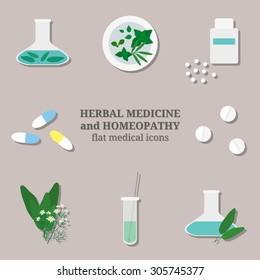 Alternative medicine and homeopathy icons. Pills, herbs, capsules, test tube, herbal potion, supplement. Sage, german chamomile, mint.