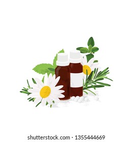 Alternative medicine & homeopathy illustration. Fresh herbs / homeopathy bottles and balls.