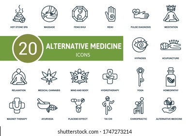 Alternative Medicine Icon Set. Collection Contain Reiki, Pulse, Diagnosis, Feng, Shui, Hot, Stone, Spa, Massage, Mind, Body, Hydrotherapy, Relaxation And Over Icons. Alternative Medicine Elements Set.