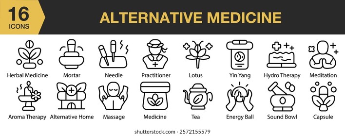 Alternative Medicine icon set. Includes health, medicine, alternative, treatment, therapy, and More. Outline icons vector collection.